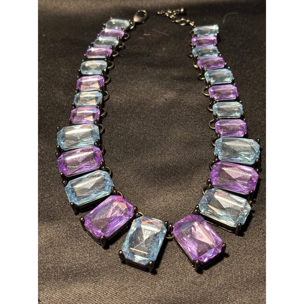Blue Purple Emerald Cut Crystal Statement Necklace & Earring Set Gunmetal Tone